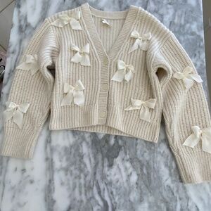 LoveShackFancy Ashtan Alpaca Bow-Embellished Cardigan Size Medium Color Snow